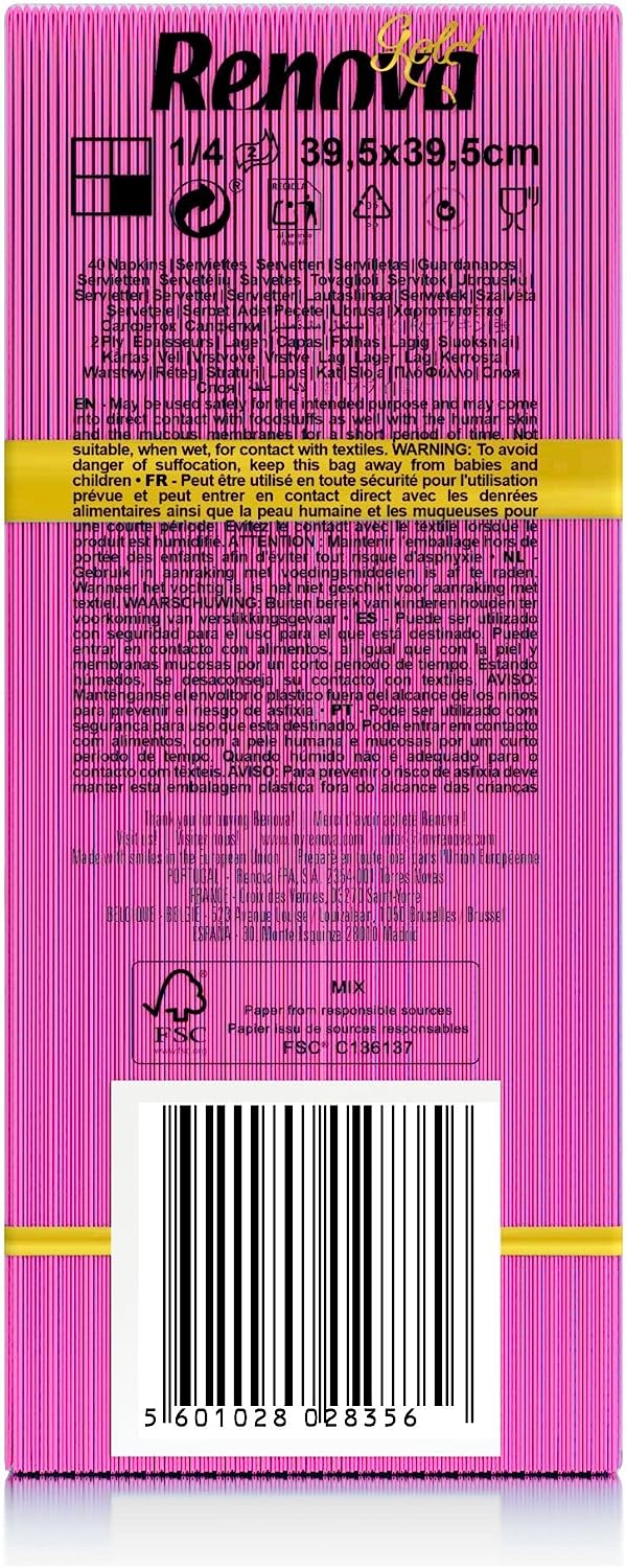 Renova Servilletas de papel Gold Fucsia - 40 Servilletas Tamaño Grande Renova Servilletas de papel Gold Fucsia - 40 Servilletas Tamaño Grande